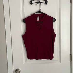 Wine red, Mock Turtleneck Crop Top Tank Top